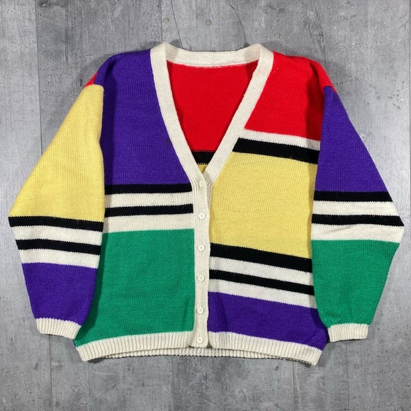 Vintage Sweaters - 90s Multicolored Knit Cardigan Sweater